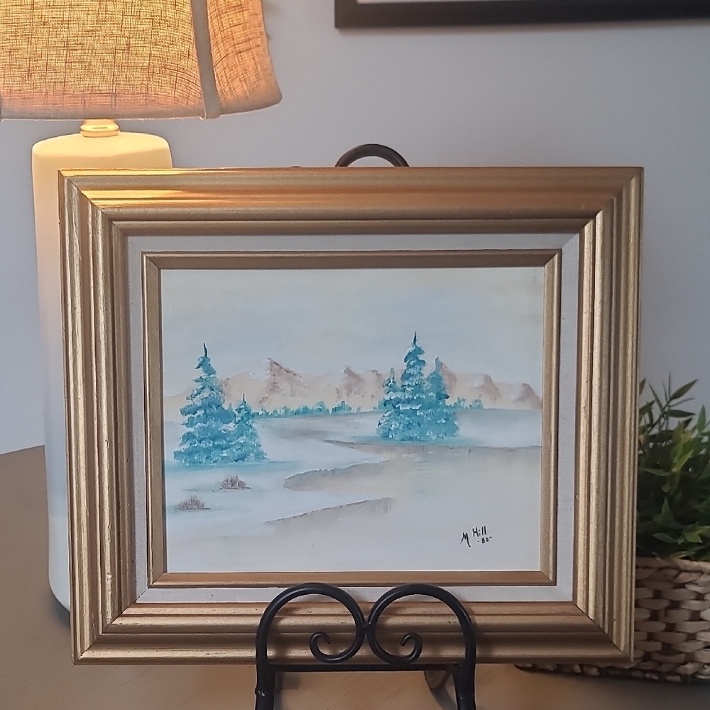 Beautiful Wood Framed Winter Landscape Painting with Teal Trees
